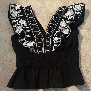 Strut and bolt black ruffle top with white embroidery new with tags